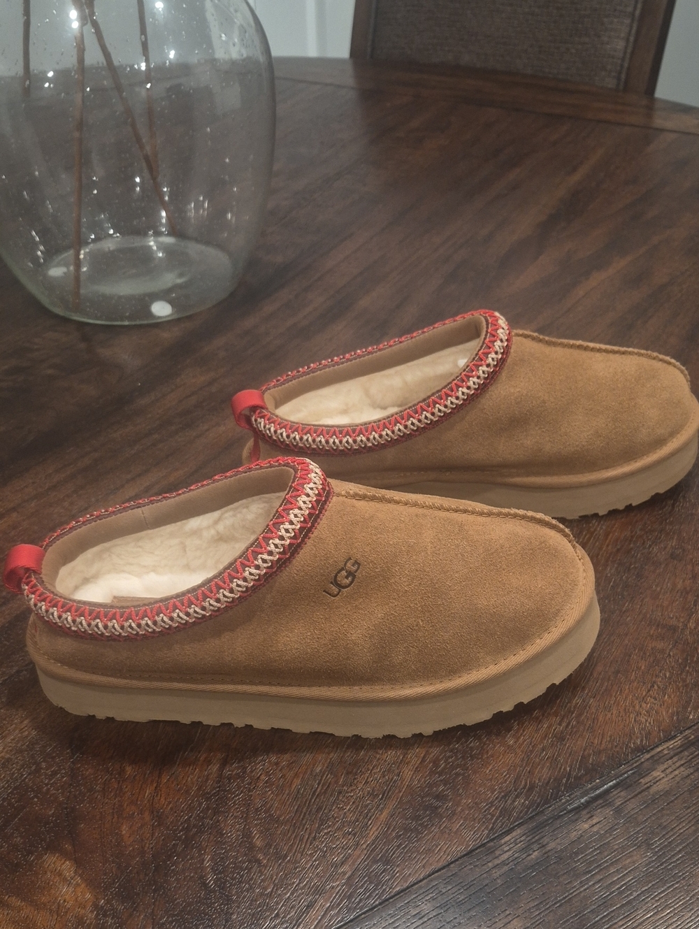 UGG Chestnut Suede Slip-On Shearling Moccasins with Red Trim Youth- 6 / Womens-8